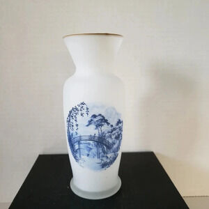 Vintage Satin Glass Small Bud Vase with Blue Asian  Country Scene.